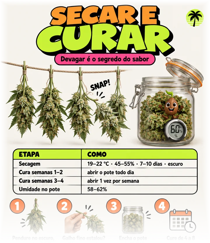 Página Secar e curar, com varal, pote de vidro e tabela de secagem e cura